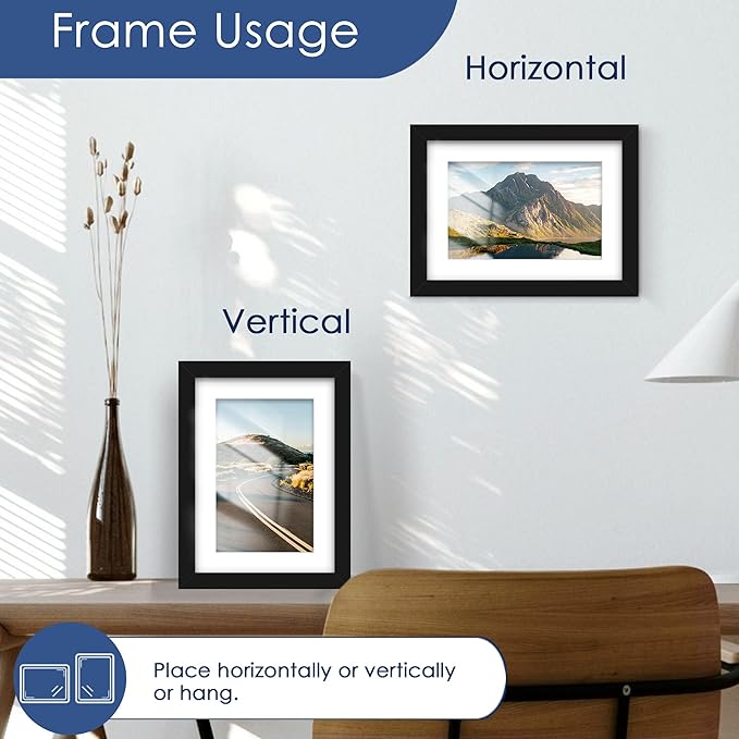 PEALSN 5x7 Picture Frame Set of 6, Display Pictures 4 x 6 with Mat or 5 x 7 without Mat for Wall Mounting or Table Top Display, Photo Frames Collage for Wall Decor, Black.