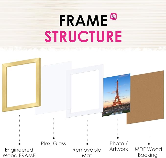 FIXSMITH 8x10 Picture Frame Bulk-6 Pack, Gold Picture Frames Collage Wall Decor, Wall & Tabletop Picture Frames, Photo Frame with HD Plexiglass, Display Pictures 5x7 with Mat or 8x10 Without Mat