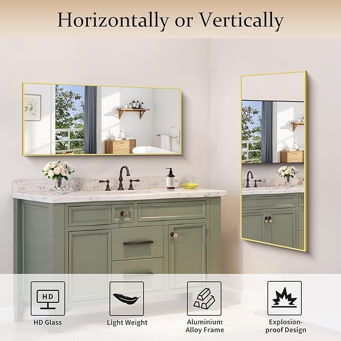 COFENY Gold Bathroom Mirror for Wall, 20x48 Inch Rectangle Mirror with Metal Frame, Modern Vanity Mirrors for Bathroom Living Room, Entryway Hangs Horizontal or Vertical
