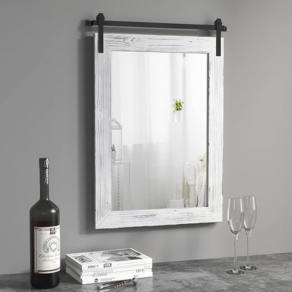 COGOOD Farmhouse Barn Door Mirror - 26" X 17" Rustic Wood Framed Wall Mirror for Bathroom, Living Room, Entryway Wall Decorative (White)