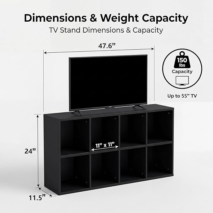 YESHOMY Modern TV Stand for Televisions up to 55 Inch, Mid Century Entertainment Center with 8 Open Shelves for 32/43/50/55 Inchs TVs, Media Console with Adjustable Shelves for Living Room, Black