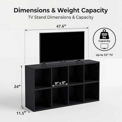 YESHOMY Modern TV Stand for Televisions up to 55 Inch, Mid Century Entertainment Center with 8 Open Shelves for 32/43/50/55 Inchs TVs, Media Console with Adjustable Shelves for Living Room, Black