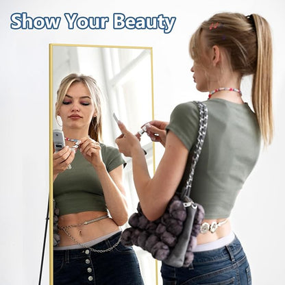 Full Length Mirror, 56"x18" Gold Floor Mirror with Stand, Rectangle Standing Mirror for Living Room Bedroom Cloakroom Gym, Thin Aluminum Frame, Tempered Glass