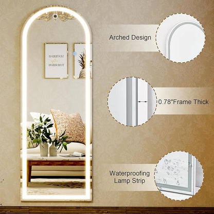 GLSLAND 20"x56" Arched LED Full Length Mirror with Lights – Wall Mounted or Standing Full Body Mirror for Bedroom/Cloakroom – Dimmable with 3 Color Lighting Modes