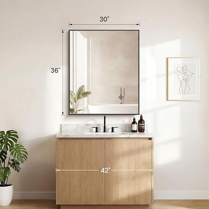 NEWBULIG 30" x 36" Black Rectangle Bathroom Mirror for Wall, Morden Wall Mirror with Metal Frame, Tempered Glass, Vanity Mirror for Over Sink, Entryway, Living Room, Anti-Rust