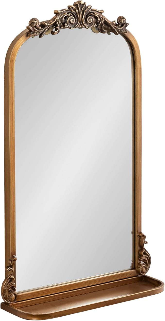 Kate and Laurel Arendahl Traditional Vintage Arch Mirror with Shelf, 16 x 25, Gold, Baroque Antique Arched Wall Mirror with Functional Shelf and Ornate Frame