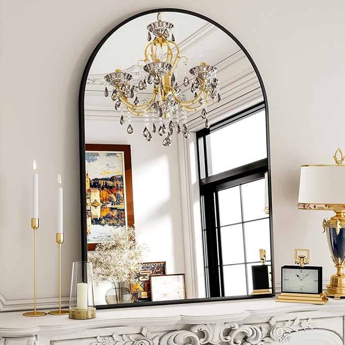 XRAMFY 30x38 Inch Arched Bathroom Mirror - Black Metal Frame Wall Mounted Vanity Mirror for Bathroom, Bedroom, Living Room, Hanging or Leaning Decorative Mirror
