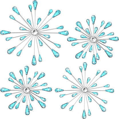 Hicarer 4 Pcs Starburst Wall Decor Bling Wall Art Crystal Teardrop 3D Hanging Rhinestone Radial Metal Artwork Modern Accent Sculptures Decorations for Living Room Home Office Bedroom(Blue)