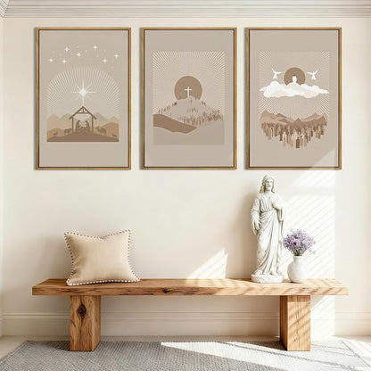 IARTTOP Extra Large Jesus Framed Wall Art 24x36 Inch Set of 3 Easter Brown Nativity Christian Canvas Wall Decor Grey Bible Verse Artwork for Church Living room Bedroom