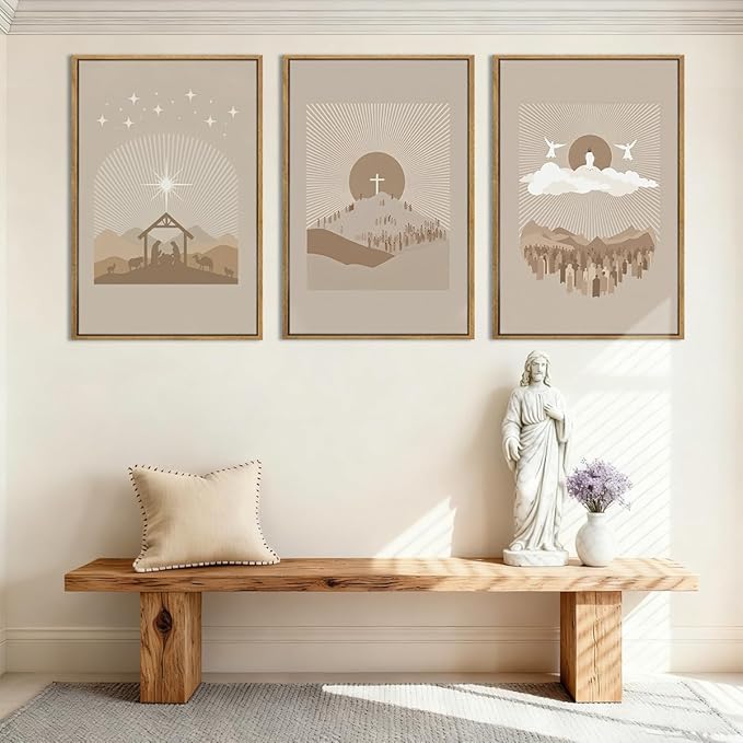 IARTTOP Jesus Christian God Framed Wall Art Large 16x24 Inch Nativity Religious Canvas Wall Decor Grey Brown Catholic Artwork for Church Living room Dining room Set of 3
