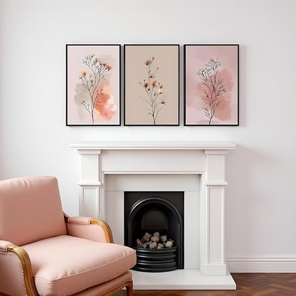 okudolit Boho Vintage Flower Wall Art Set of 3 Minimalist Floral Botanical Prints Rustic Wildflower Wall Decor Beige and Pink Neutral Plant Painting for Living Room Bedroom Office-16x24in