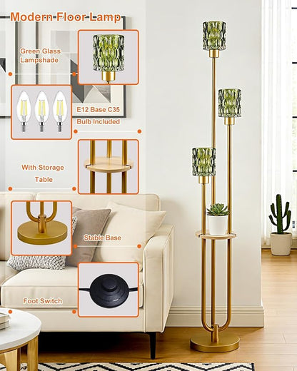 62IN Gold Floor Lamp with Green Glass Shade 3-Lights Mid-Century Modern Farmhouse Floor Lamps with 3000K Warm White Bulbs, Tall Standing Lamp 5Lbs Heavy Base for Living Room/Bedroom/Corner