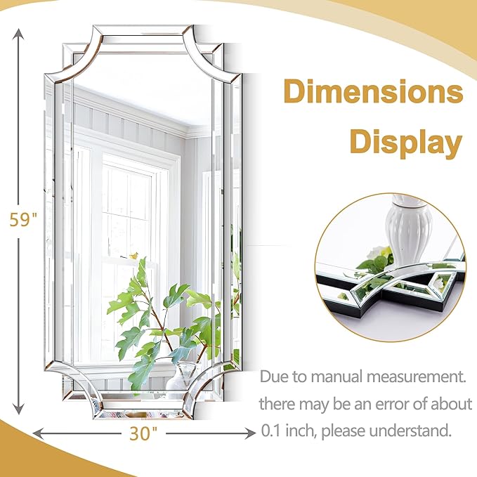 Chende Large Full Length Mirror for Wall, 59"x30" Large Decorative Mirror with Beveled Scalloped Corner, Modern Elegant Home Decor for Bedroom Living Room Bathroom Dressing Room Entryway Hallway