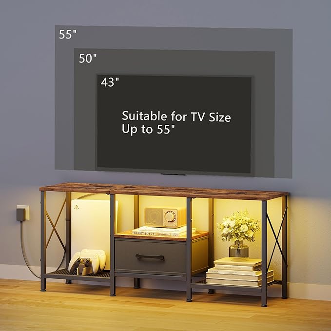 JARHETUN LED TV Stand with Fabric Drawer, Entertainment Center for 50 55 Inch TV, Industrial TV Console Table with Open Storage Shelves for Living Room, Bedroom, Rustic Brown