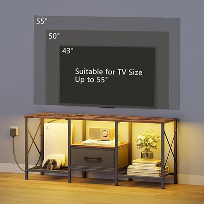 JARHETUN LED TV Stand with Fabric Drawer, Entertainment Center for 50 55 Inch TV, Industrial TV Console Table with Open Storage Shelves for Living Room, Bedroom, Rustic Brown