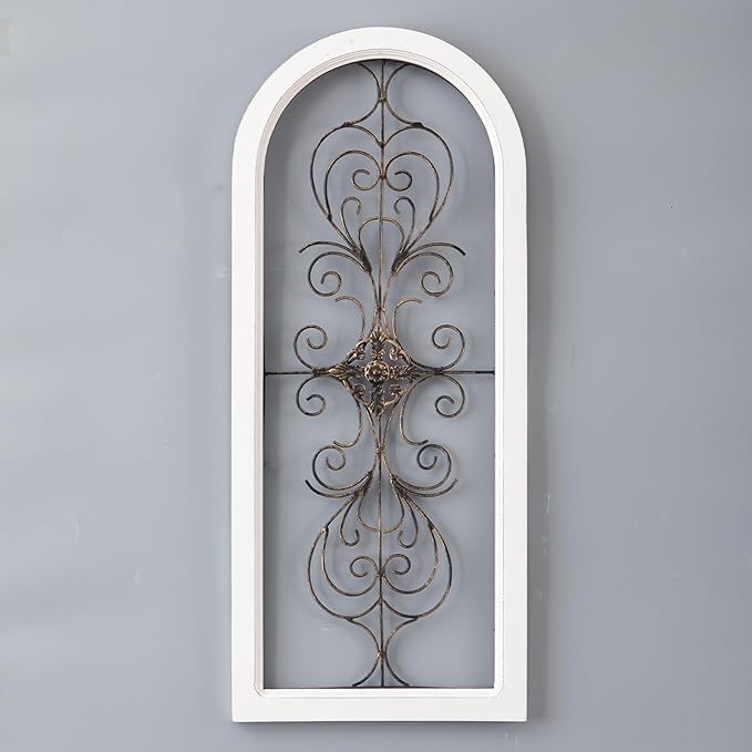 Sintosin Farmhouse White Wood and Metal Wall Decor 32 X 13 Inches, Handmade Distressed Gold and Black Wrought Iron Wall Decor Living Room Entryway, Hanging Metal Wall Art above Couch
