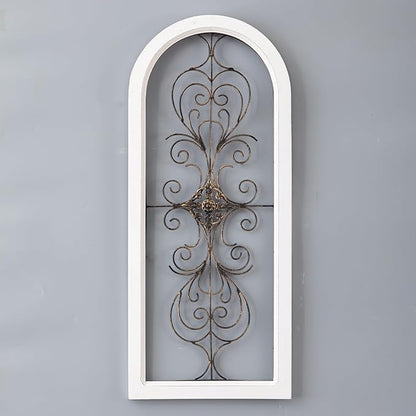 Sintosin Farmhouse White Wood and Metal Wall Decor 32 X 13 Inches, Handmade Distressed Gold and Black Wrought Iron Wall Decor Living Room Entryway, Hanging Metal Wall Art above Couch