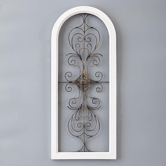 Sintosin Farmhouse White Wood and Metal Wall Decor 32 X 13 Inches, Handmade Distressed Gold and Black Wrought Iron Wall Decor Living Room Entryway, Hanging Metal Wall Art above Couch