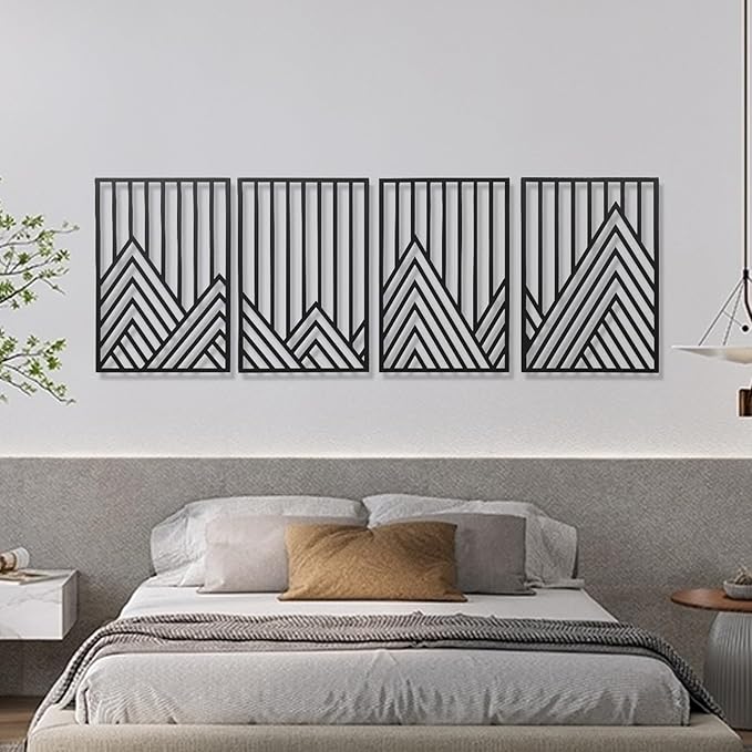 AMAATE Black Metal Wall Art, 4 Pieces Minimalist Geometric Mountain Line Art Sculpture, Hollowed Out Abstract Modern Metal Hanging Decor for Living Room Bedroom Office 14.6" X 22.5" in