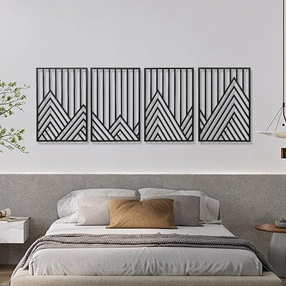 AMAATE Black Metal Wall Art, 4 Pieces Minimalist Geometric Mountain Line Art Sculpture, Hollowed Out Abstract Modern Metal Hanging Decor for Living Room Bedroom Office 14.6" X 22.5" in