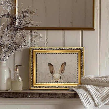 YD&YZY Gold Framed Vintage Wall Art Canvas Easter Bunny Wall Decor Rustic Easter Rabbit Décor Prints Cute Animal Painting Picture Print for Bedroom Kids Room Bathroom 8x10 inch Small Framed