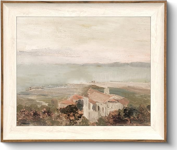 Framed Wall Art Decoration Canvas - Vintage Coastal Oil Painting Artwork Prints, Neutral Landscape Picture for Room Decor, Farmhouse Bedroom Bathroom - 10x12 Inch