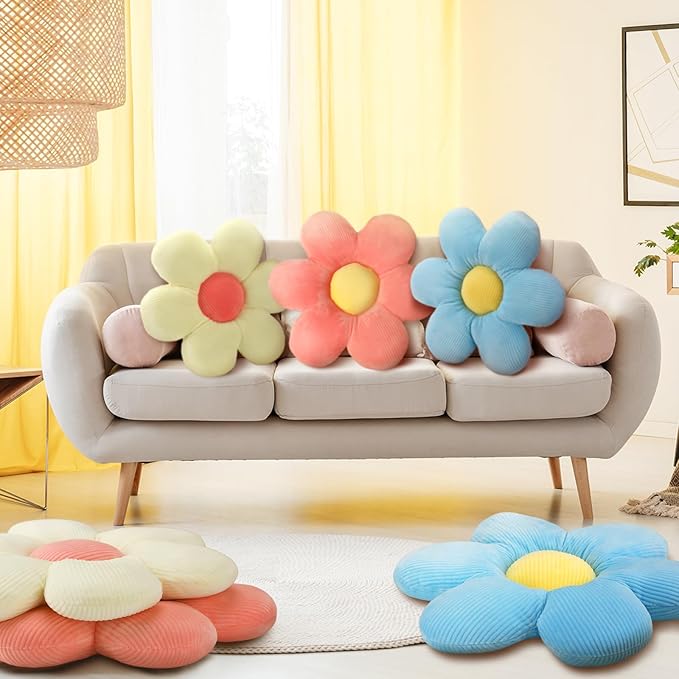 Sratte 3 Pcs Flower Pillows Flower Shaped Throw Pillows Cute Daisy Plush Pillow Decorative Floor Pillow Seat Cushion for Bedroom Home Sofa Chair Couch Decor(Multicolored,23.62")