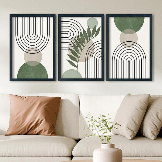 SRSZHIYUE Sage Green Boho Wall Art 24"×16" Set of 3 Geometric Line Leaf Sun Moon Sign for Master Bedroom Office Wall Hanging Decor (Black)