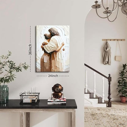 Jesus Embracing Woman Canvas Wall Art, Safe in His Arms Pictures Canvas Print Posters Wall Decor, Christian Wall Art Home Decor for Living & Prayer Room 24x36 inch Framed