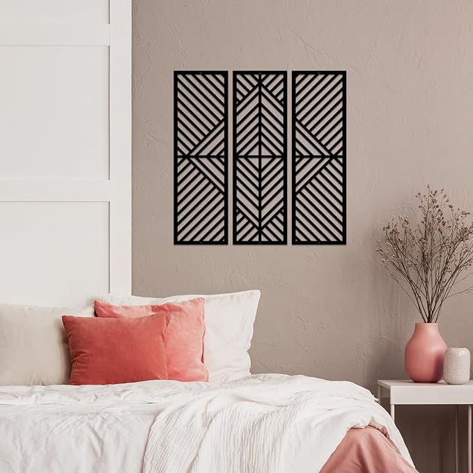 ESTART 3 Pcs Geometric Home Metal Wall Decor Vertical Abstract Minimalist Modern Black Wall Art Slatted Design Wall Hanging Sculpture for Living Room Bedroom Bathroom Study, 17 x 17 Inch