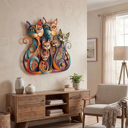 Wesiti Cat Wall Art Decor Iron Wall Sculptures Decor for Cats Lover 10.6 x 15.7 Inches Colorful Retro Mid Century Cat Signs for Home Living Room Bedroom Kitchen Office (Charming)