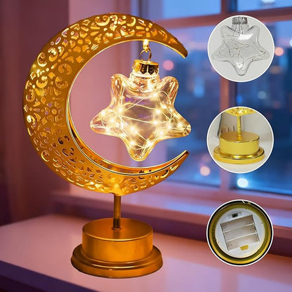Gold Moon Table Night Light with Hanging Star Ramadan Decorative Lamp Battery Operated Suitable for Home Bedroom Shop Dining Table Holiday Party Eid Festival Decoration (Gmoon-WW-Star)