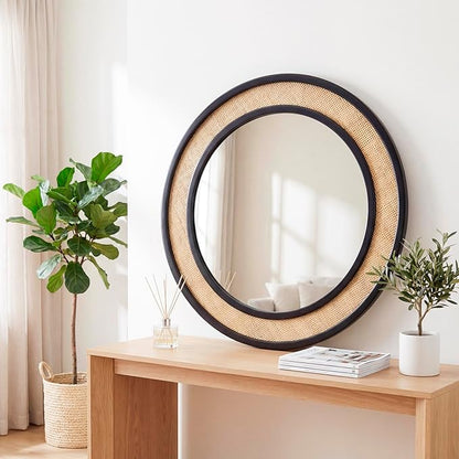 Round Rattan Mirror, 24" Circle Wall Mirror, Farmhouse Wooden Vanity Mirror with Handmade Wicker Frame, Decorative Boho Mirror for Nursery Bedroom Living Room Entryway Black