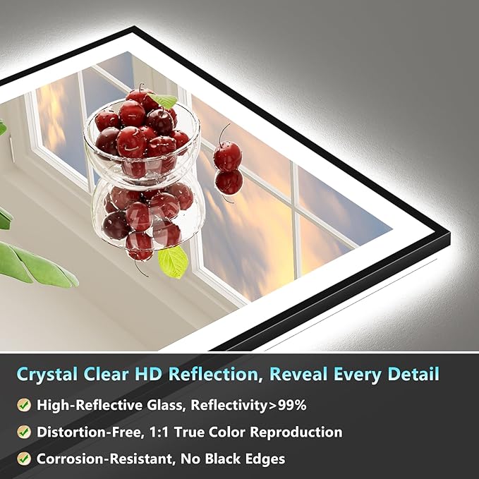 68x36 Black Framed LED Bathroom Mirror with Lights, Backlit and Front Lit Anti-Fog Lighted Vanity Mirrors for Bathroom Wall, Dimmable, 3 Colors, Memory, HD Tempered Glass, Horizontal/Vertical