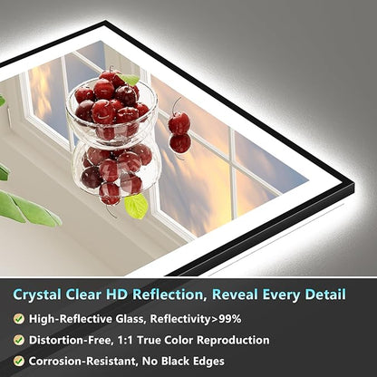68x36 Black Framed LED Bathroom Mirror with Lights, Backlit and Front Lit Anti-Fog Lighted Vanity Mirrors for Bathroom Wall, Dimmable, 3 Colors, Memory, HD Tempered Glass, Horizontal/Vertical