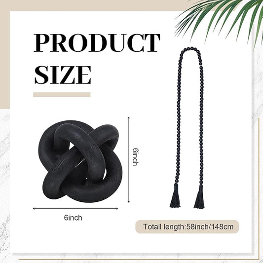 5 Pieces Country Style Ceramic Vase Set Table Centerpieces for Living Room 3 Pcs Bohemian Style Ceramic Vases with Wood Knot Chain Rings, Wooden Bead Garland Tassel Table Decor(Black)