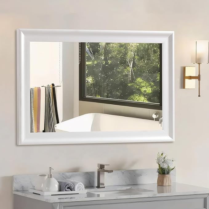 White Wood Mirror for Bathroom,Rectangle Rustic 30 x 40 inch Vanity Mirror for Wall,Wooden Wall-Mounted Hanging Mirror for Entryway,Bedroom or Living Room