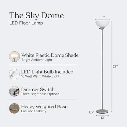 Brightech Sky Dome Dimmable LED Floor Lamp, Torchiere Floor Lamp for Living Room, Bedroom, & Office – Tall Torch Standing Lamp for Reading, Modern Home Decor – Platinum Silver