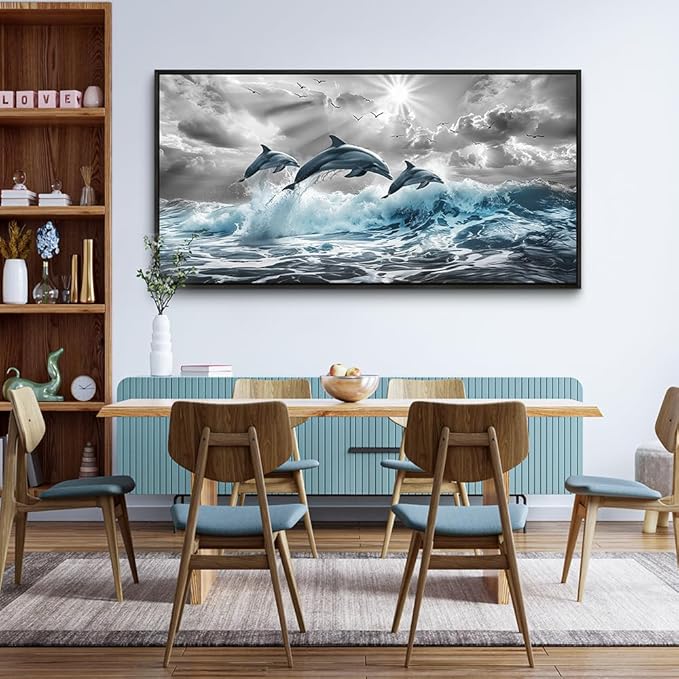hyidecorart Wall Art For Living Room Large Wall Decor For Bedroom Modern Home Decoration Office Canvas Art Print Artwork Dolphins Seascape Wall Paintings Blue wave Pictures Black Framed 20X40