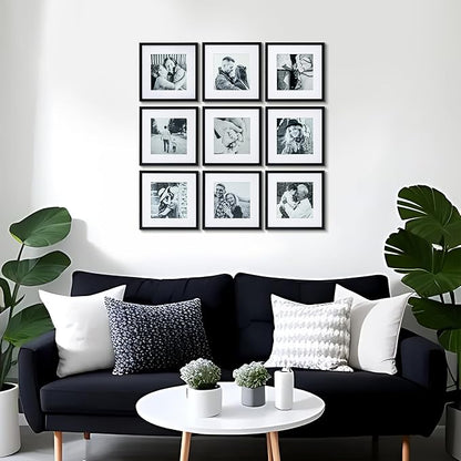 ArtbyHannah Photo Collage Frames for Wall, 12x12 Inch Square Picture Frame for Living Room or Staircase Decoration (Black, 9 Pack)