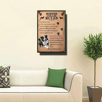 Metal Sign Tin Sign Vintage Wall Art Border Collie Rules Tin Sign Gift for Bar 12×16 Inches with Metal Frame