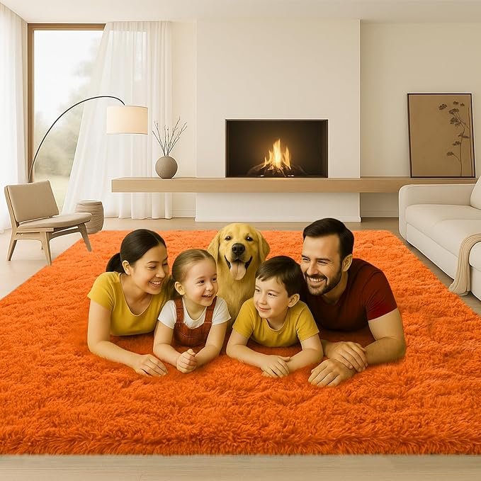 Large 9x12 Area Rug for Living Room, Soft Shag Rugs for Bedroom, Non-Slip Ultra Fluffy Rug,Modern Plush Carpet for Girls Boys Kids Room Dorm,Fuzzy Rug for Home Decor Aesthetic,Orange