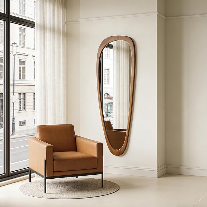 Ruomeng Full Length Irregular Wall Mirror, 60 x 22 Inch Wooden Mirror, Boho Large Decorative Asymmetrical Mirror for Bathroom, Living Room, Bedroom, Entryway, Farmhouse, Tempered Glass, Shatterproof