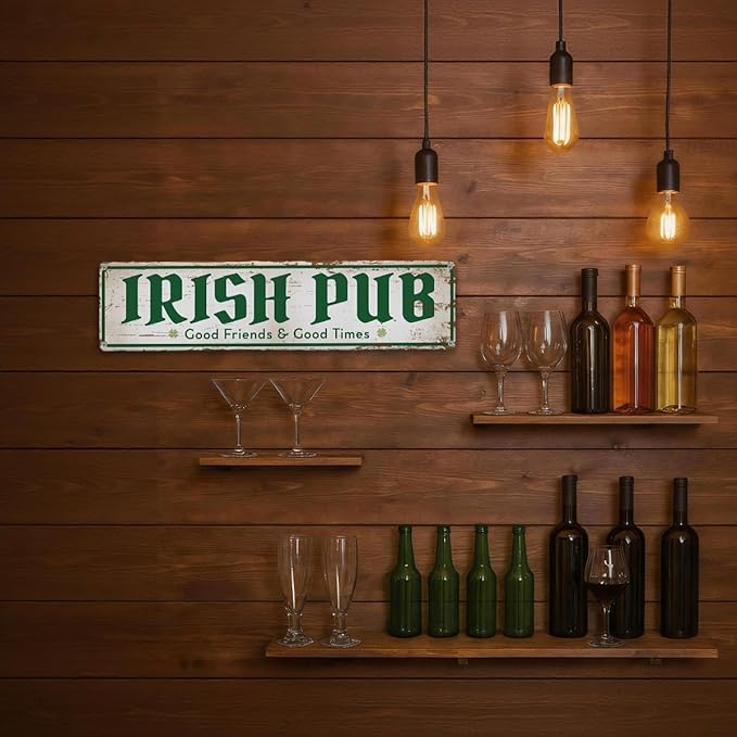 Rustic Bar Decor Metal Wall Sign, “Irish Pub – Good Friends & Good Times” Vintage Tin for Wet Bar, Lounge, Kitchen or Entryway, Weather-Resistant, 15.8 x 4 Inch
