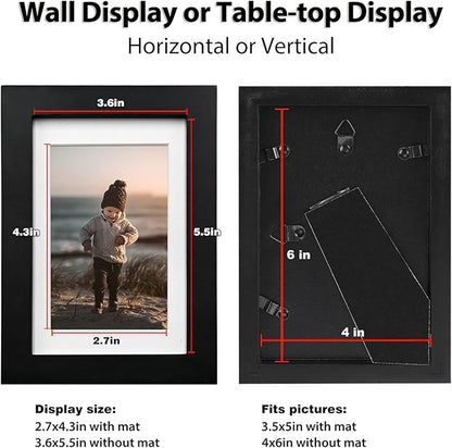 KINLINK 4x6 Frame Black, Solid Wood 4 x 6 Picture Frame with Acrylic Plexiglass for 3.5x5 with Mat, Tabletop and Wall Display Photo Frames 4x6 Black, 4 Pack