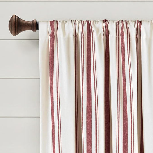 Lush Decor Farmhouse Stripe Yarn Dyed Eco-Friendly Recycled Cotton Window Curtain Panel Pair, 42" W x 63" L, Red - Classic Modern Rustic Charm - Eco Friendly Cotton Fabric