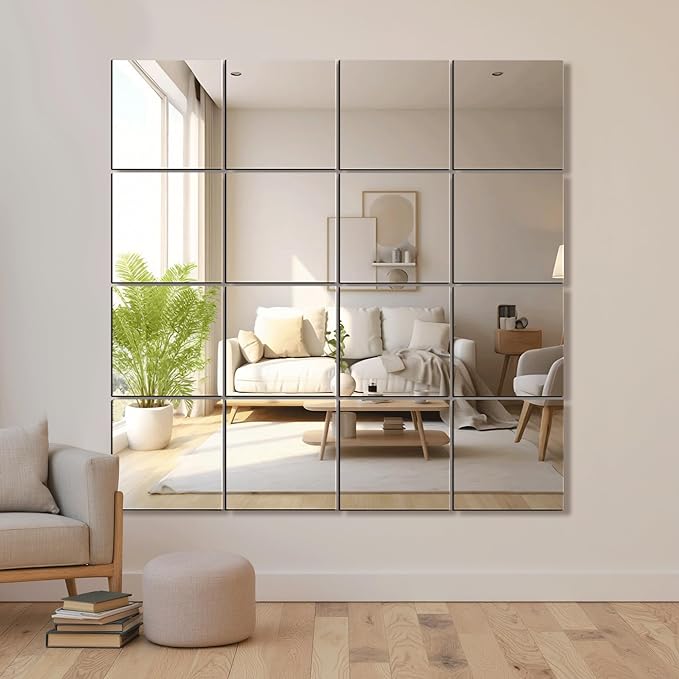 Delma Home Gym Mirrors, 12'' x 12'' Glass Mirror Tiles (16 PCS), Square Large Wall Mirror for Home Gym, Bedroom, Door,Bathroom, Frameless Mirror Sets