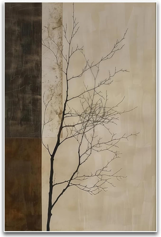 ZHBJSM Minimalist Tree Wall Art Modern Abstract Rustic Neutral Tone Bare Tree Texture Calm Nature-Themed Home Living Room Bedroom Elegant Stylish Interior Decor Accent 16x24 Inch Unframed