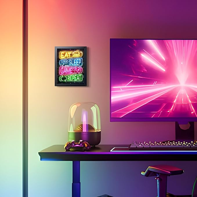 Eat Sleep Game Repeat Neon Wall Art, Framed Canvas Print Painting, Colorful Gamer LED Style Poster with Controller Burger Design, Cool Gaming Room Wall Decor for Boys Teens Bedroom Playroom 8x10 Inch