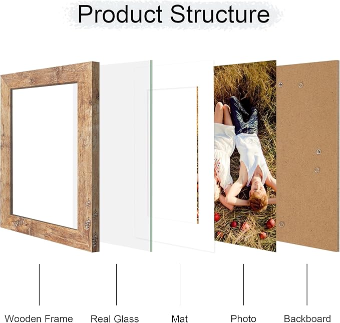 iRahmen 6x8 Picture Frame with Mat 4x6 - High Definition Real Glass Wooden Photo Frames for Tabletop Display and Wall Mounting (Rustic Brown, Set of 2)